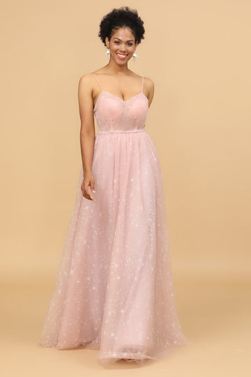 A Line Spaghetti Straps Blush Long Tulle Bridesmaid Dress